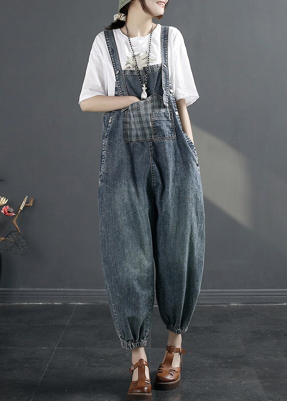 Boutique Navy Oversized Patchwork Denim Strap Jumpsuit Spring