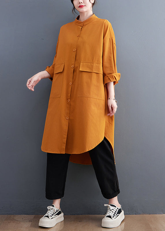 Boutique Orange Stand Collar Pockets Cotton Maxi Dress Fall