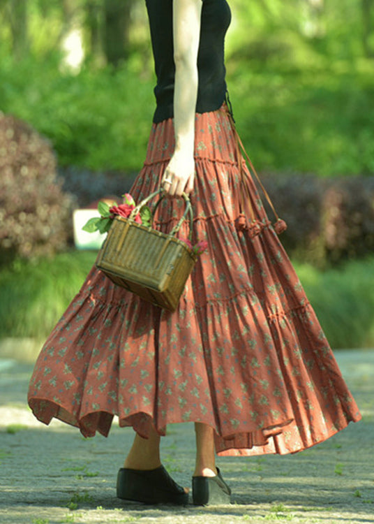 Boutique Orange Wrinkled Print Exra Large Hem Cotton Skirts Spring