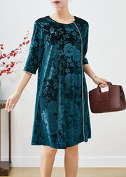 Boutique Peacock Green Jacquard Silk Velour Mid Dress Half Sleeve