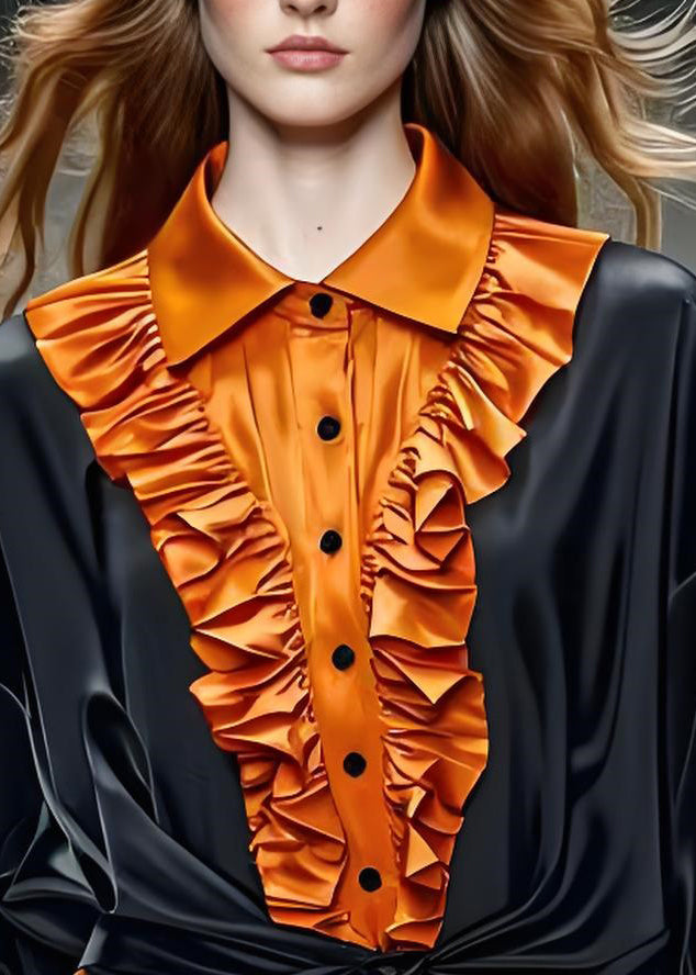 Boutique Peter Pan Collar Ruffled Patchwork Silk Shirts Summer