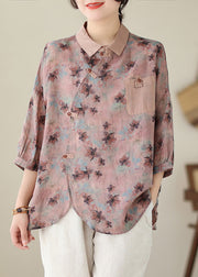 Boutique Pink Asymmetrical Print Linen Top Summer