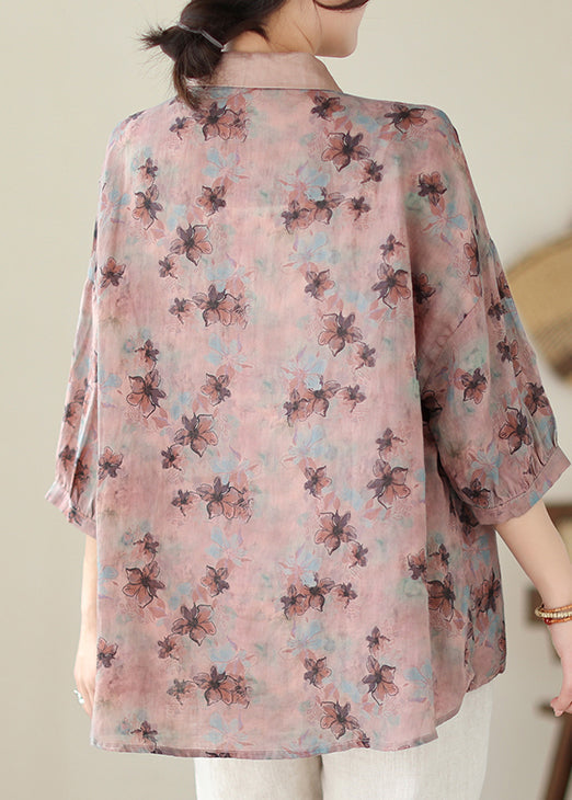 Boutique Pink Asymmetrical Print Linen Top Summer