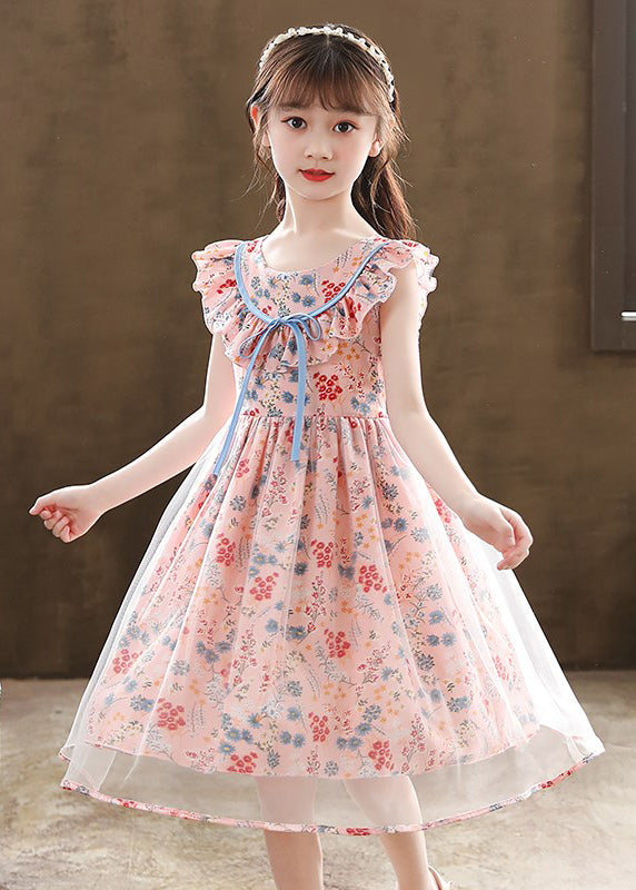 Boutique Pink Cinched Print Tulle Kids Girls Robe Dresses Summer