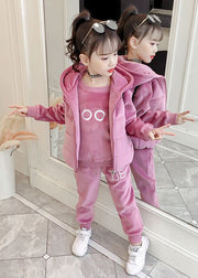 Boutique Pink Embroideried Tops And Pants Velour Girls Two Pieces Set Winter