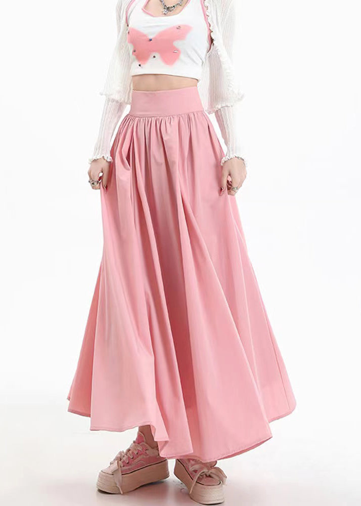 Boutique Pink High Waist Wrinkled Patchwork Cotton Skirts Summer