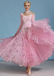 Boutique Pink One Shoulder Embroideried Zircon Patchwork Dance Dresses Long Sleeve