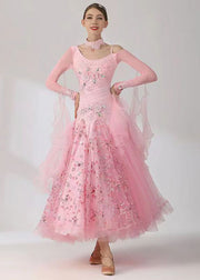 Boutique Pink One Shoulder Embroideried Zircon Patchwork Dance Dresses Long Sleeve