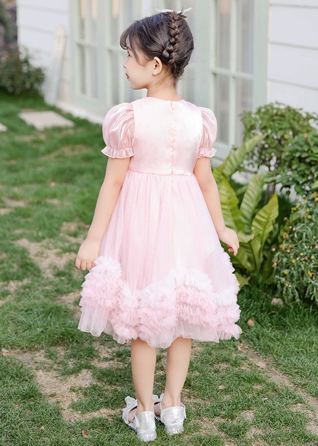 Boutique Pink Puff Sleeve Nail Bead Tulle Baby Girls Mid Dress Summer