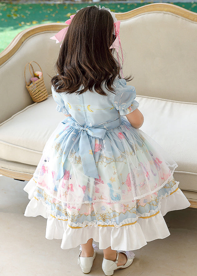 Boutique Pink Puff Sleeve Print Bow Chiffon Kids Girls Maxi Dresses Summer