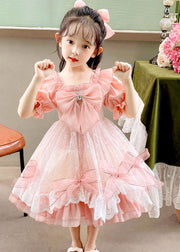 Boutique Pink Ruffled Bow Patchwork Tulle Kids Girls Dress Summer