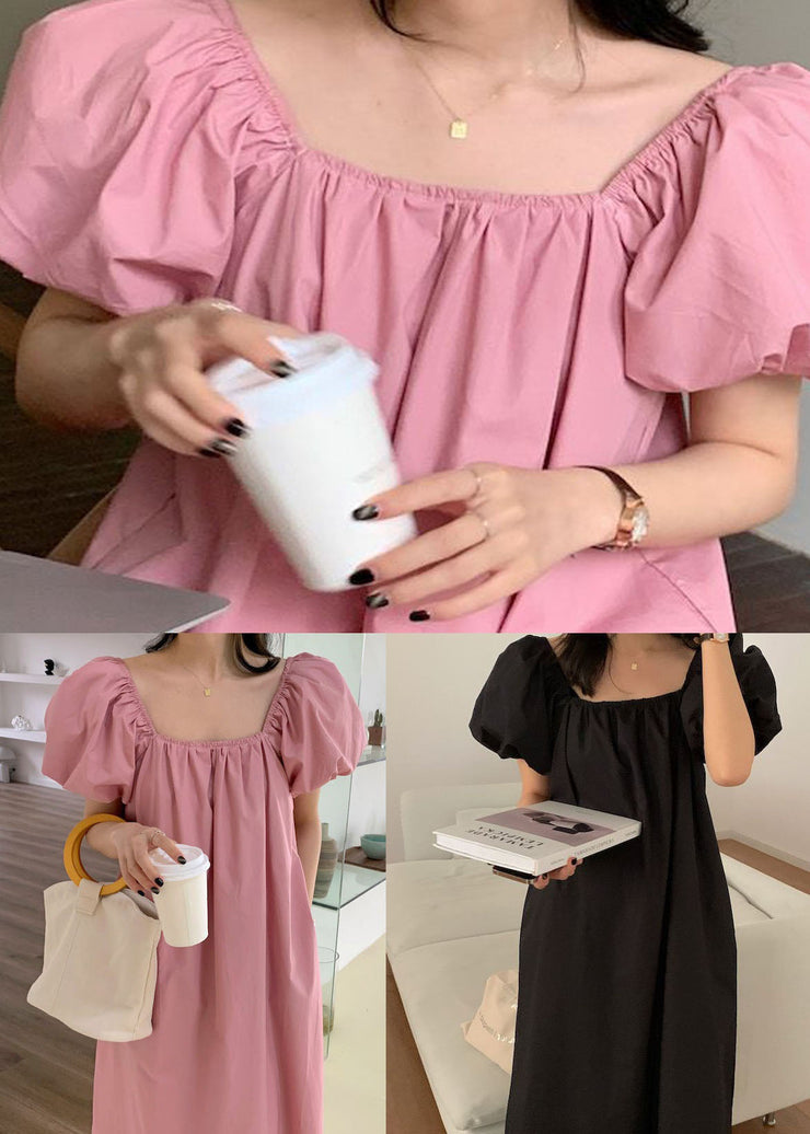 Boutique Pink Square Collar Wrinkled Patchwork Cotton Dresses Summer