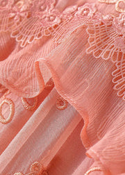 Boutique Pink V Neck Embroideried Ruffles Silk Long Dress Half Sleeve