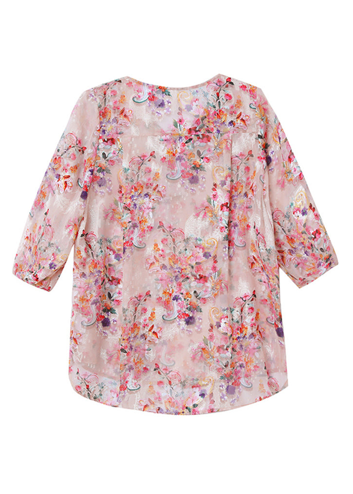 Boutique Pink V Neck Print Button Chiffon Shirt Fall