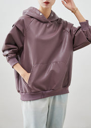 Boutique Purple Hooded Faux Leather Sweatshirts Top Fall