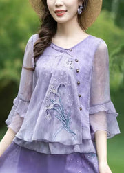 Boutique Purple Ruffled Embroidered Chiffon Blouse Tops Summer