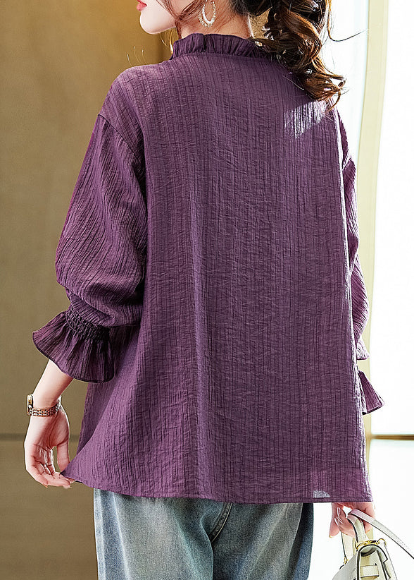 Boutique Purple Ruffled Zircon Lace Up Patchwork Chiffon Shirt Fall