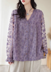 Boutique Purple V Neck Embroideried Patchwork Lace Top Long Sleeve