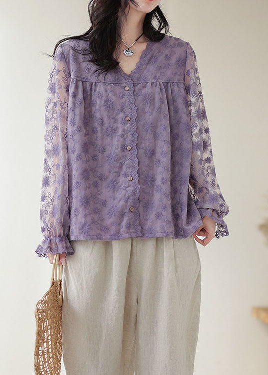 Boutique Purple V Neck Embroideried Patchwork Lace Top Long Sleeve