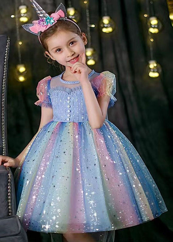 Boutique Rainbow Puff Sleeve Sequins Patchwork Tulle Baby Girls Dress Summer