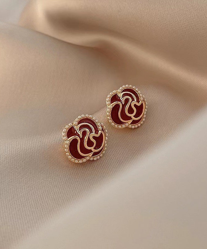 Boutique Red Alloy Pearl Zircon Floral Stud Earrings