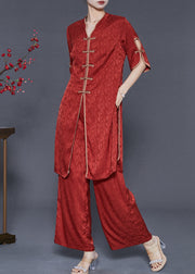 Boutique Red Chinese Button Jacquard Silk Two Piece Set Summer