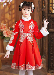 Boutique Red Fur Collar Embroideried Girls Shawl And Dress Two Piece Set Winter