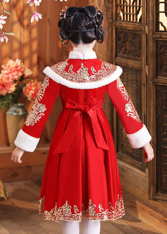 Boutique Red Fur Collar Embroideried Girls Shawl And Dress Two Piece Set Winter