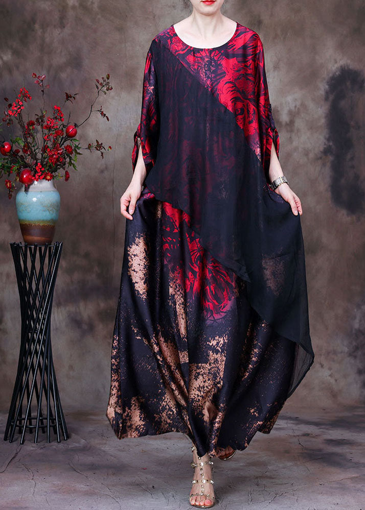 Boutique Red O-Neck Asymmetrical Design Patchwork Silk Long Dress Long Sleeve