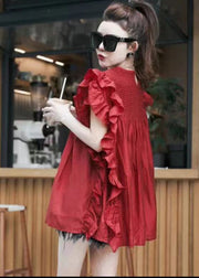 Boutique Red Ruffled Patchwork Chiffon Shirt Summer