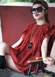 Boutique Red Ruffled Patchwork Chiffon Shirt Summer