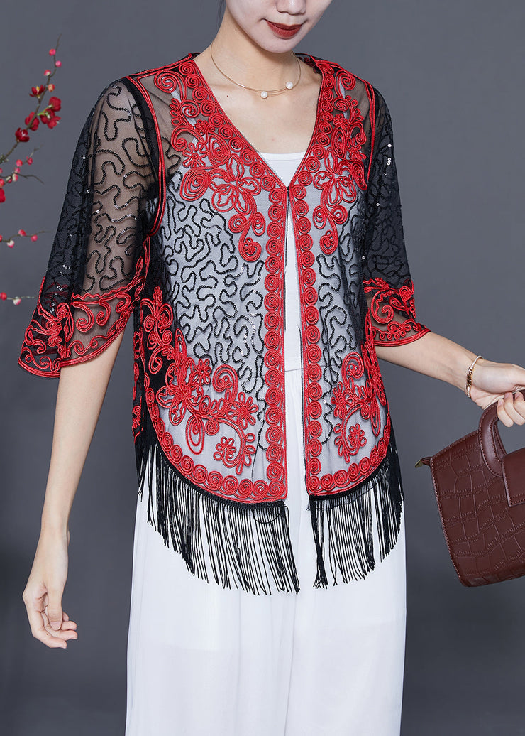 Boutique Red Sequins Tassel Tulle Cardigan Summer