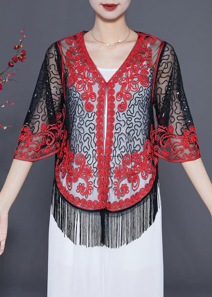 Boutique Red Sequins Tassel Tulle Cardigan Summer