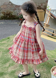 Boutique Red Square Collar Plaid Patchwork Kids Mid Dress Summer