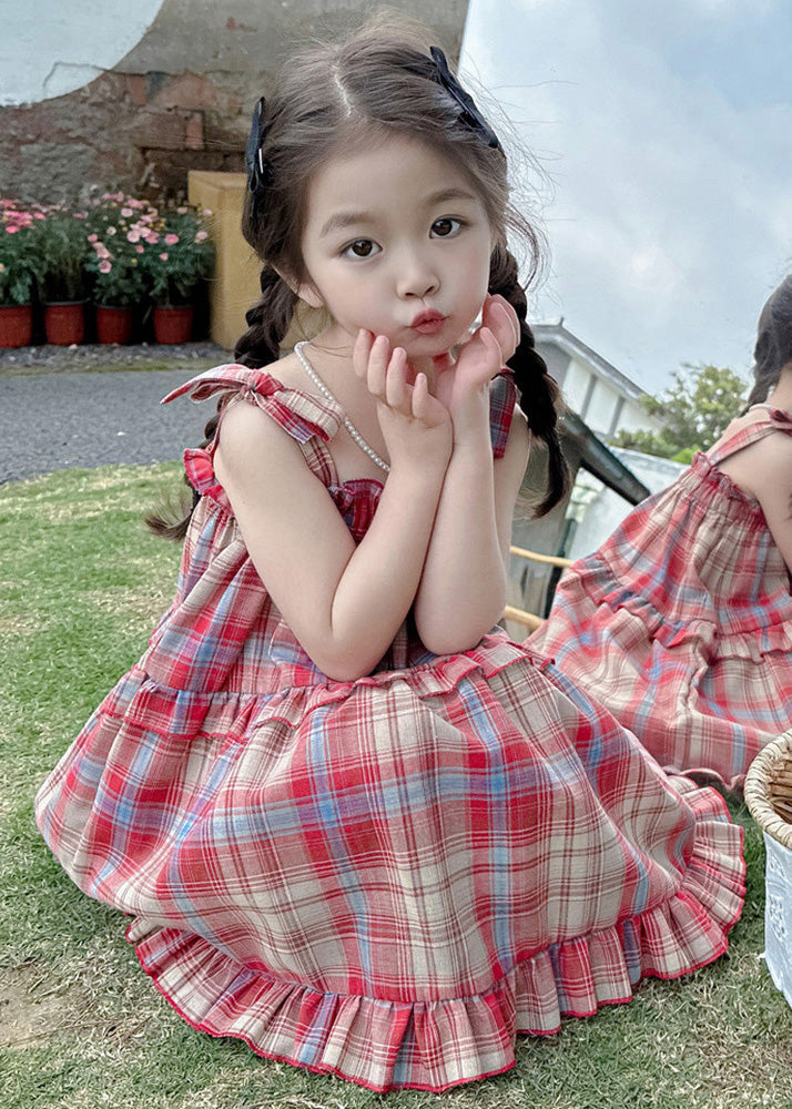 Boutique Red Square Collar Plaid Patchwork Kids Mid Dress Summer