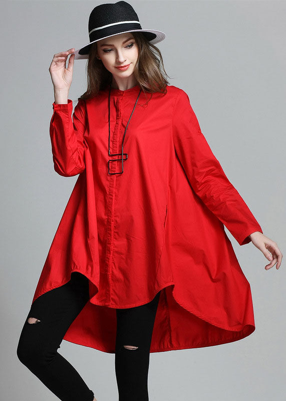 Boutique Red Stand Collar Asymmetrical Cotton Shirt Top Spring