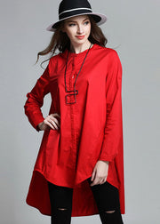 Boutique Red Stand Collar Asymmetrical Cotton Shirt Top Spring