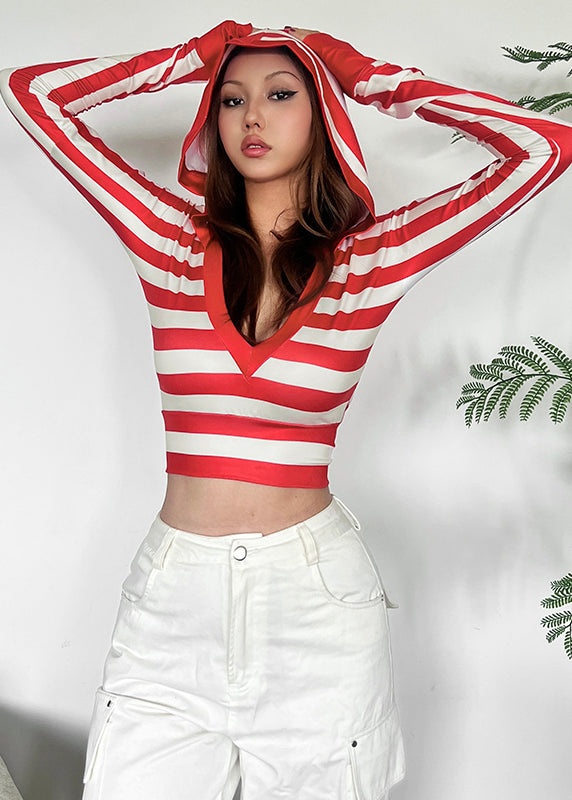 Boutique Red Striped V Neck Hooded Cotton T Shirt Tops Fall