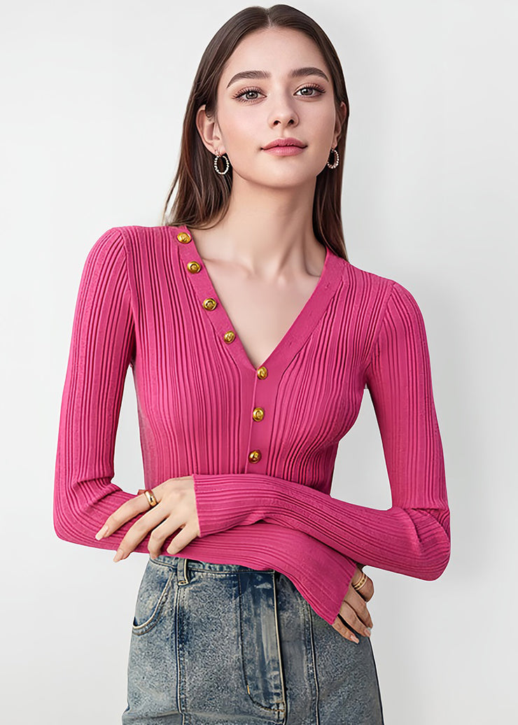 Boutique Rose V Neck Button Slim Fit Knit Tops Fall