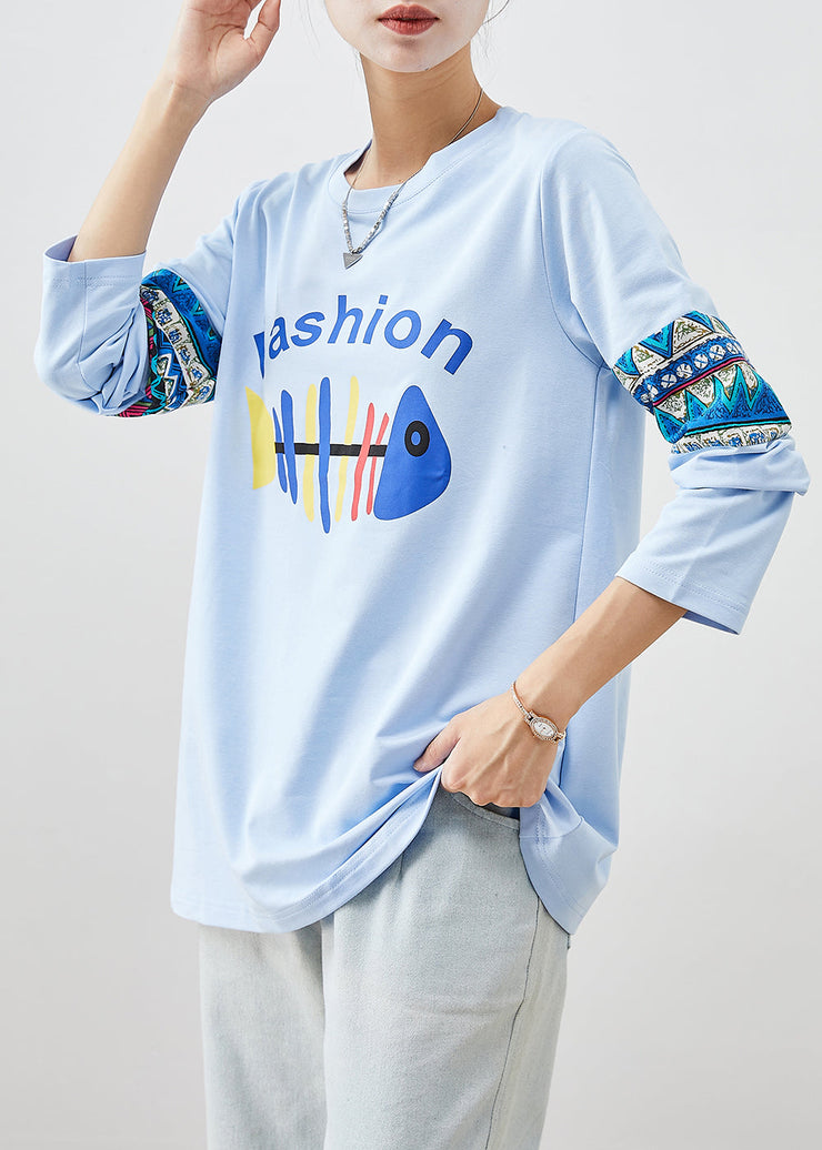 Boutique Sky Blue Fishbone Print Cotton Loose Sweatshirt Fall