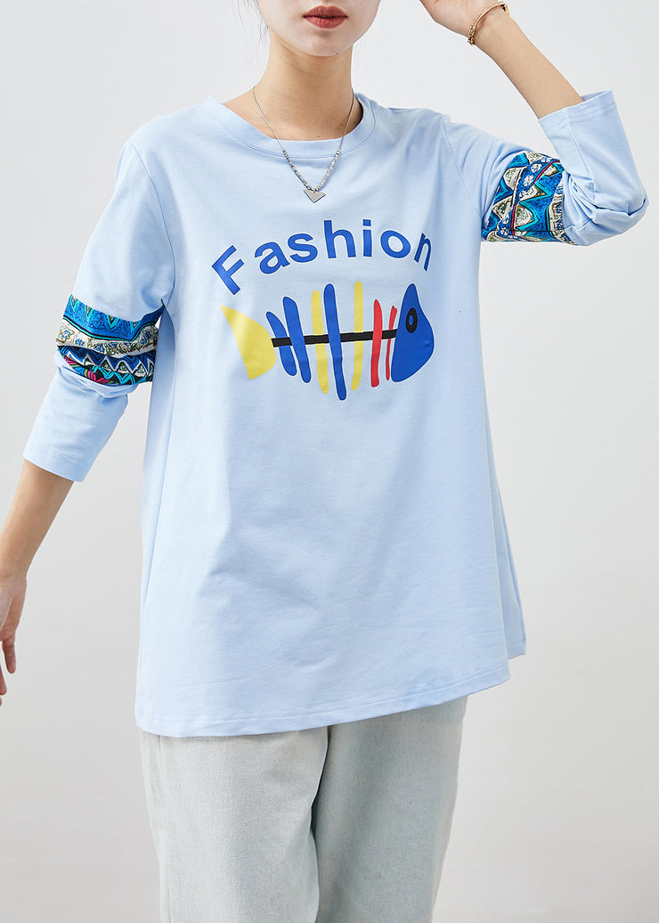 Boutique Sky Blue Fishbone Print Cotton Loose Sweatshirt Fall