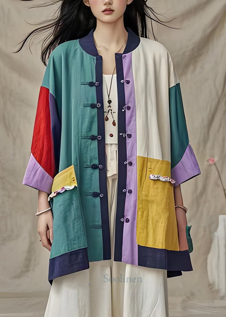 Boutique Stand Collar Pockets Button Patchwork Cotton Cardigan Summer