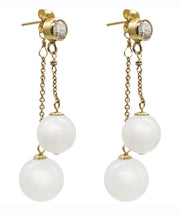 Boutique White 14K Gold Jade Zircon Tassel Drop Earrings