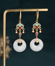 Boutique White Ancient Gold Enamel Cloisonne Jade Ping Buckle Drop Earrings