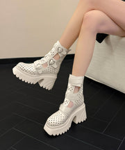 Boutique White Cowhide Leather Hollow Out Buckle Strap Splicing Boots