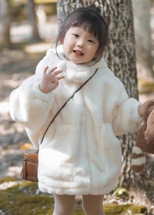 Boutique White Hooded Pockets Fluffy Girls Coat Long Sleeve