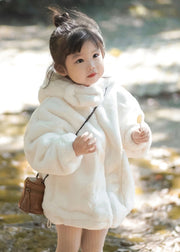 Boutique White Hooded Pockets Fluffy Girls Coat Long Sleeve