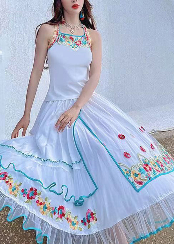 Boutique White Ruffled Embroideried Patchwork Chiffon Skirt Summer