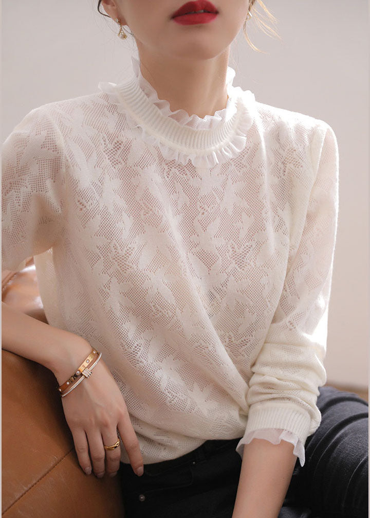 Boutique White Ruffled Patchwork Jacquard Lace Shirts Spring