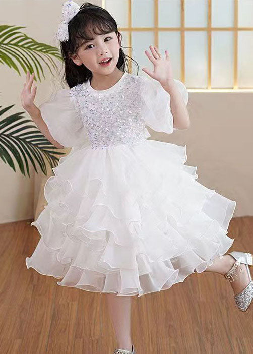 Boutique White Ruffled Sequins Patchwork Tulle Kids Girls Party Dresses Summer